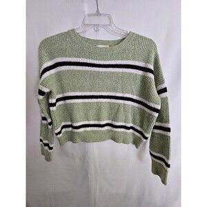 Hazel Moon Green Striped Cropped Knit Sweater Women’s Size Medium Long Sleeve